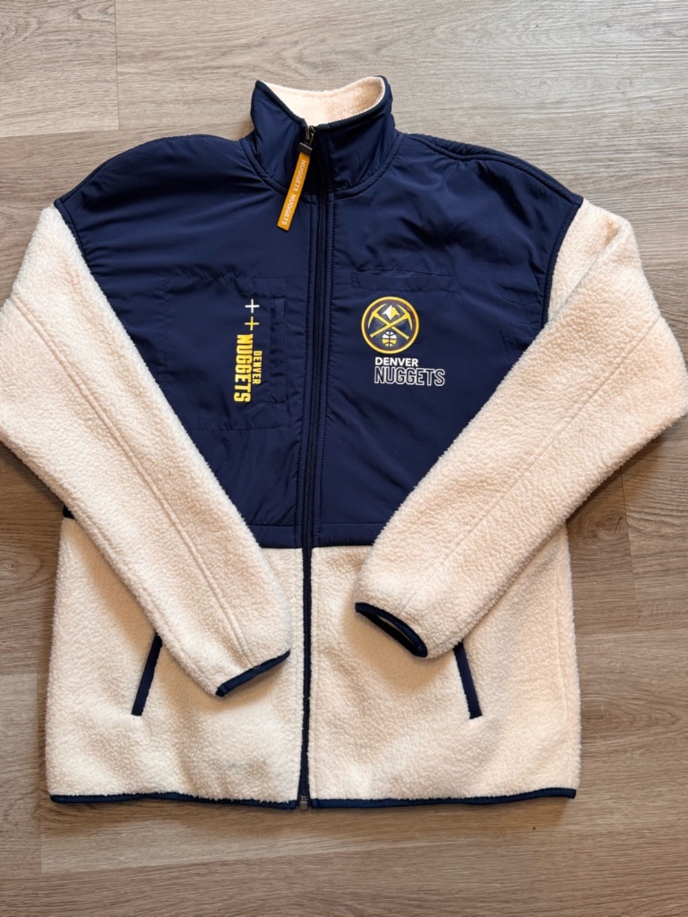 Denver Nuggets Polyester Navy & Cream Sherpa Fleece Jacket Wear by Erin Andrews